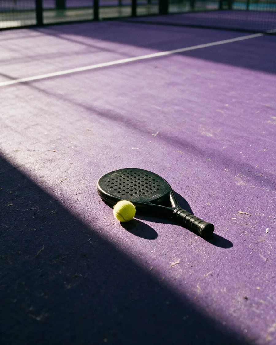 Padelschlaeger und Ball auf einem leeren lila Court