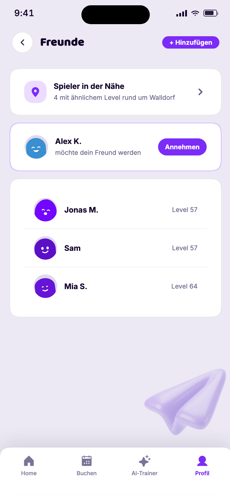 App-Vorschau: Freundesliste mit Leveln und offener Anfrage