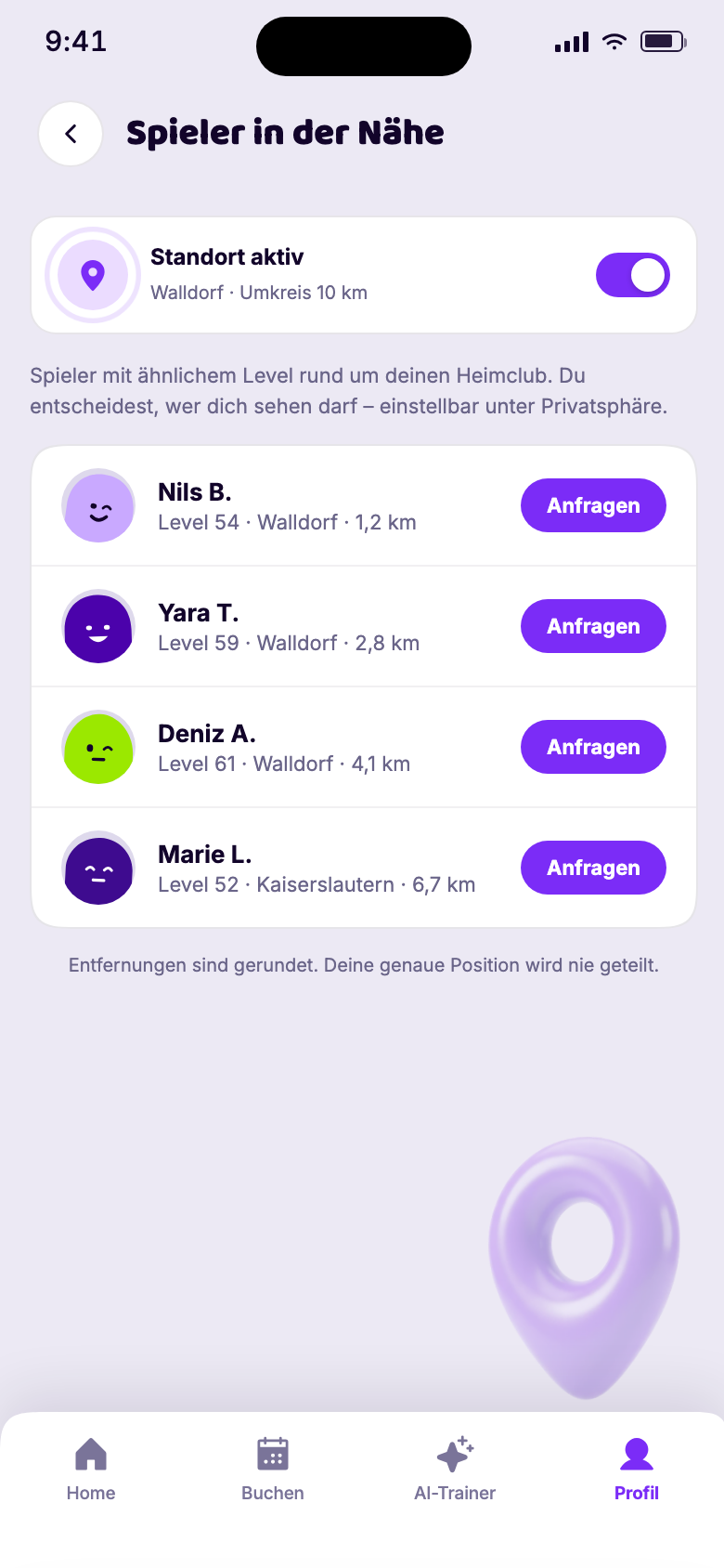 App-Vorschau: Spieler in der N&auml;he mit &auml;hnlichem Level