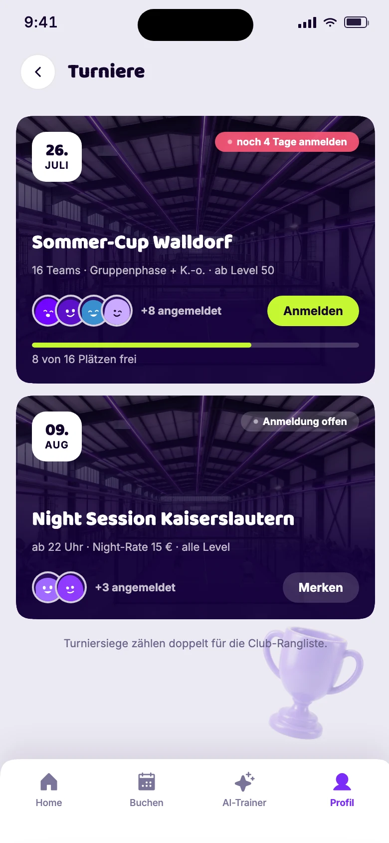 App-Vorschau: Turniere und Events mit Datum und angemeldeten Spielern